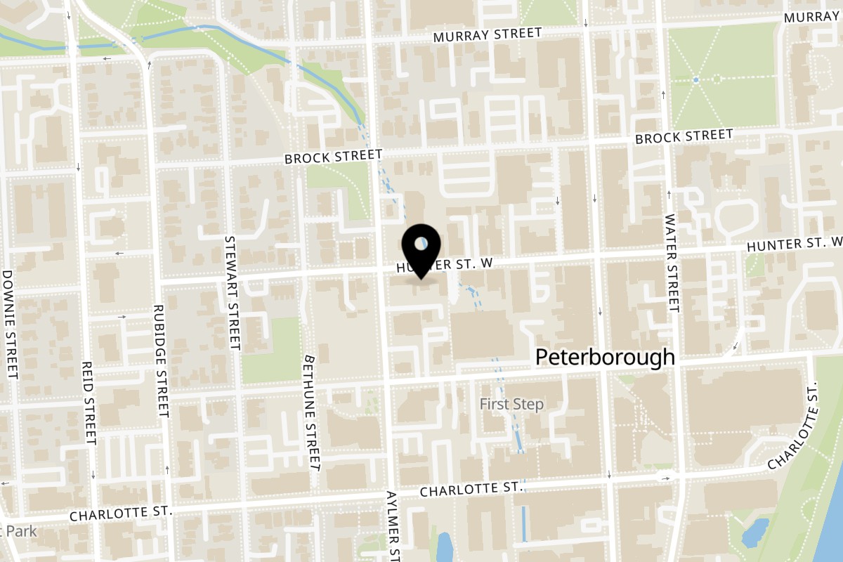 Map showing the location of Malabar Kitchen on 221 Hunter Street West in Peterborough